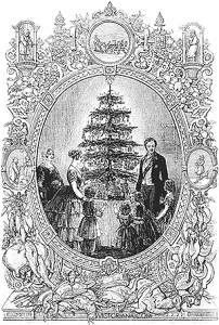 Illustrated London News engraving from 1846 of Queen Victoria, Prince Albert, their children, and the Queen Mother around their Christmas tree.